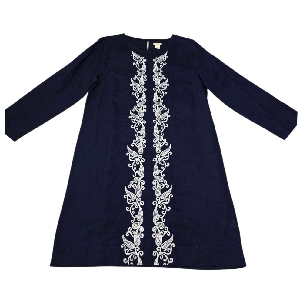 J.Crew Navy Blue Embroidered Linen Blend Long Sleeve Shift Dress‎ F0069 Small
